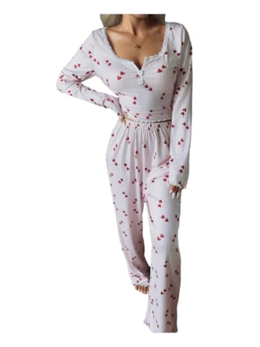 SOLY HUX Women's Heart Print Lace Trim Pajama Set Long Sleeve Lounge